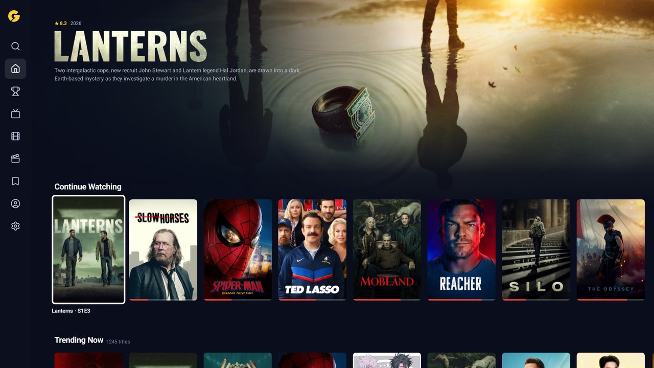 Golku's home screen on a TV: Lanterns featured at the top, a Continue Watching row of shows with progress bars, and Trending Now below.