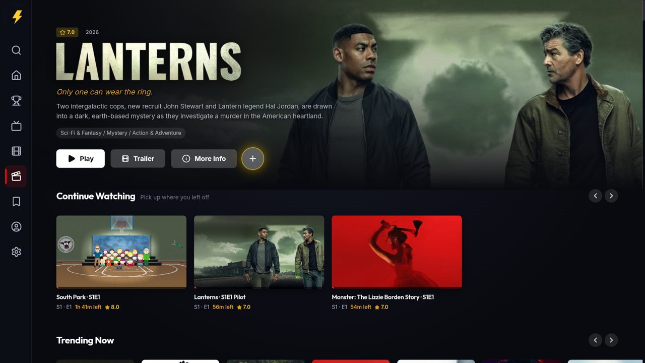 Golku's home screen on a TV: a featured show with Play and Trailer buttons, a Continue Watching row and a Trending Now row of posters.
